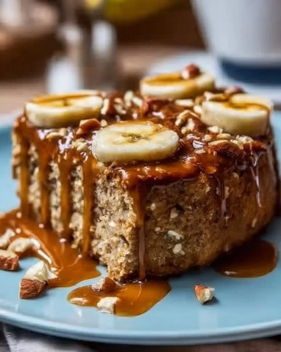Flourless Oatmeal Banana Cake topped with sliced bananas and oats