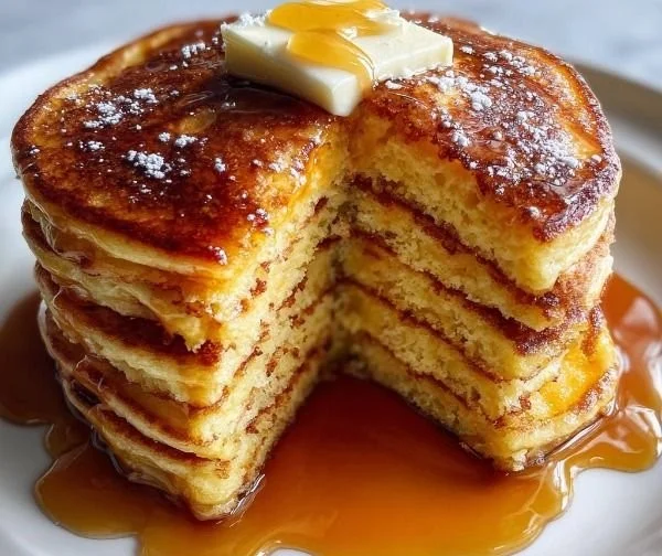 Fluffy buttermilk breakfast pancakes stacked with syrup and berries