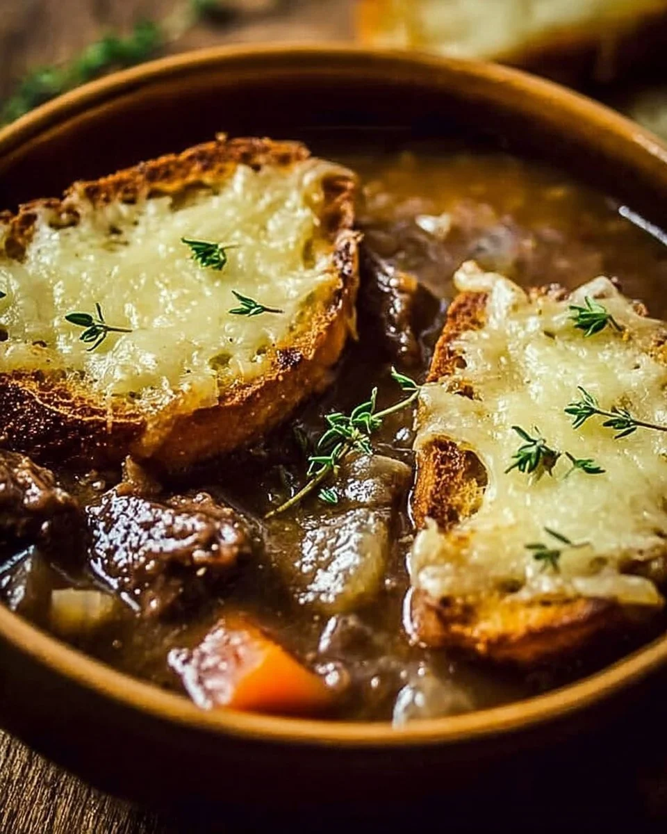Delicious French onion short rib soup topped with melted Gruyère cheese on toast