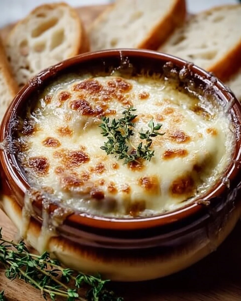 A warm bowl of delicious French Onion Soup topped with melted cheese and herbs.