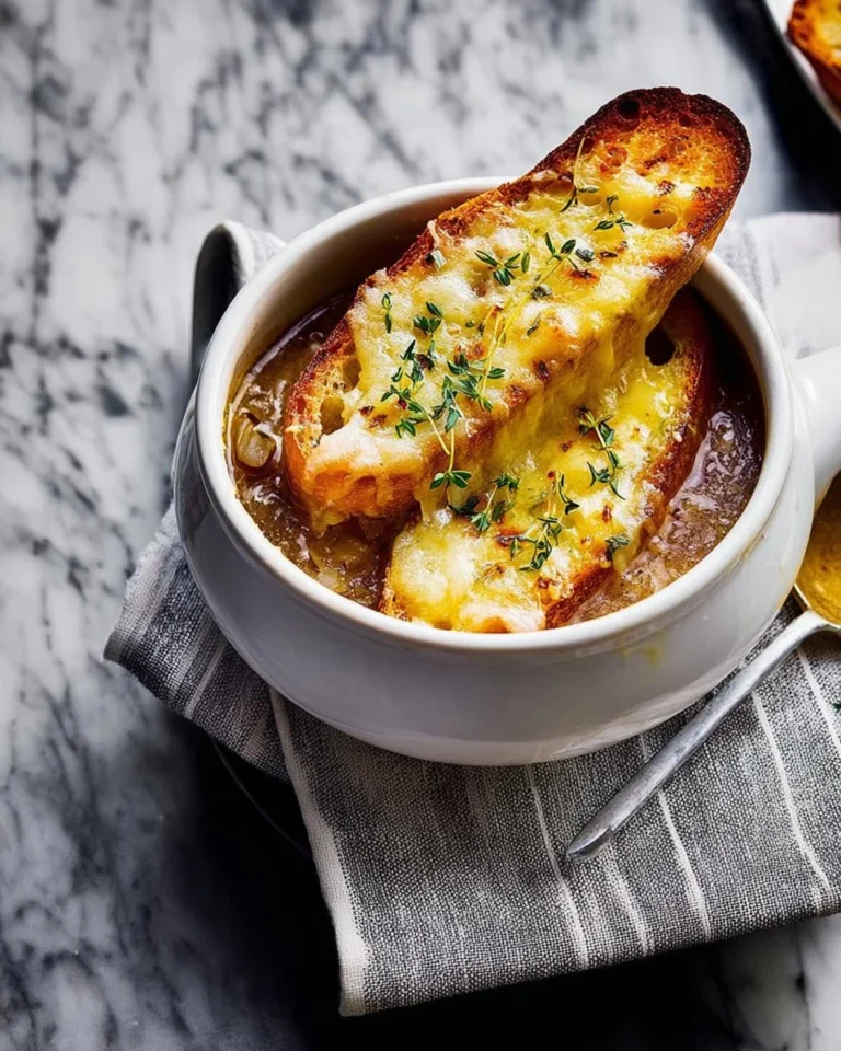 Delicious bowl of homemade French Onion Soup topped with gooey melted cheese.