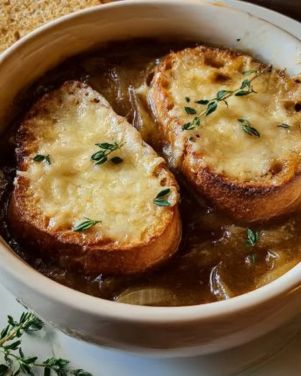 A delicious bowl of homemade French Onion Soup topped with melted cheese and fresh herbs