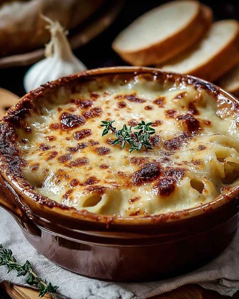 Bowl of traditional French Onion Soup topped with melted cheese and croutons