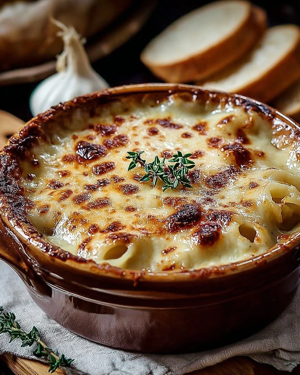 Bowl of traditional French Onion Soup topped with melted cheese and croutons