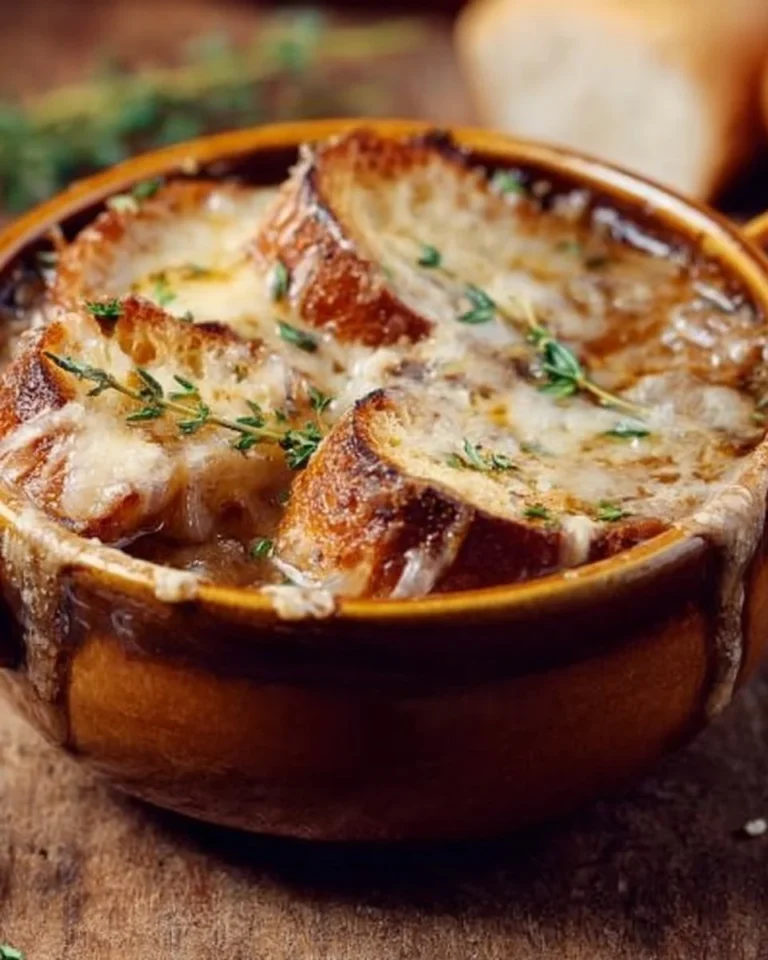 Delicious bowl of French onion soup topped with melted cheese and fresh herbs