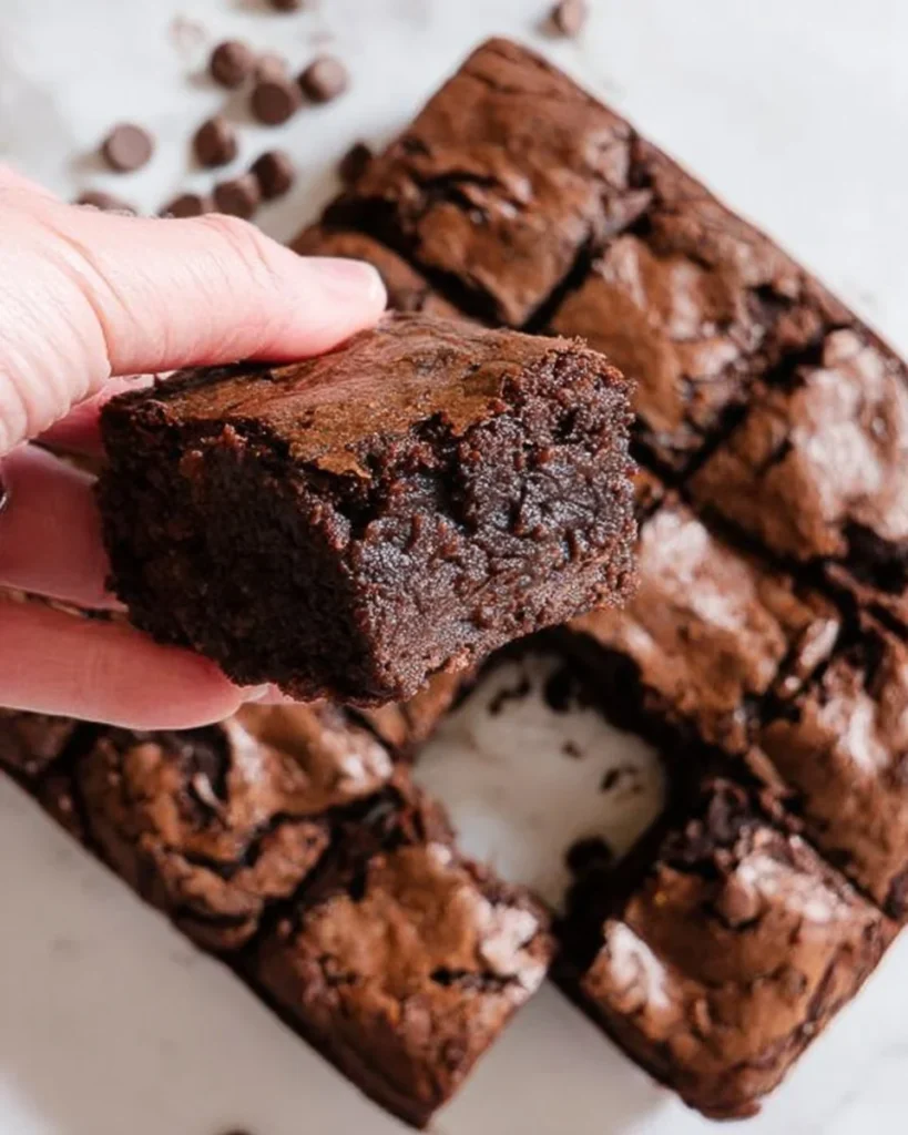 Decadent fudgy brownies topped with chocolate and nuts on a wooden table