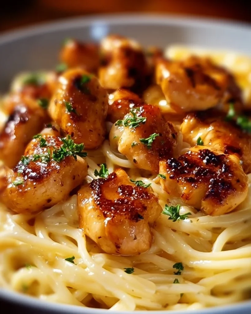 Delicious Garlic Butter Chicken Bites with Creamy Parmesan Pasta on a plate