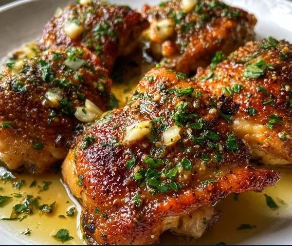 Garlic Butter Chicken Thighs served on a plate with fresh herbs