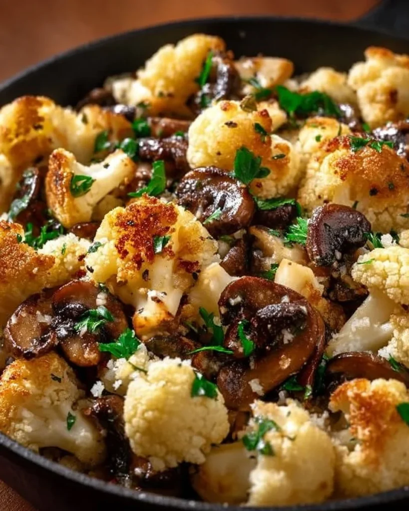 Garlic Cauliflower Mushroom Skillet featuring sautéed vegetables in a pan