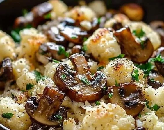 Garlic Cauliflower Mushroom Skillet recipe with fresh vegetables