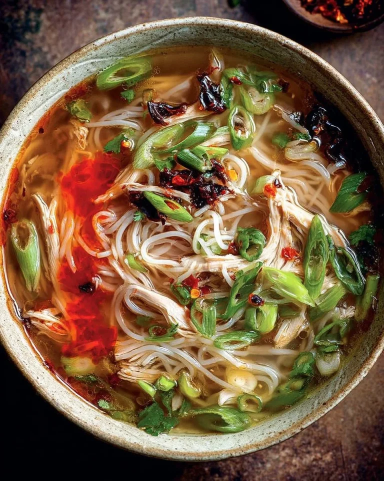 Bowl of Ginger Garlic Chicken Noodle Soup garnished with fresh herbs