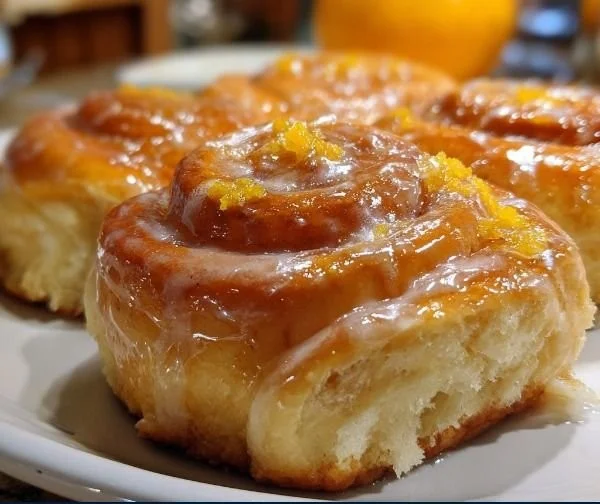 Freshly baked glazed orange sweet rolls with a citrusy glaze