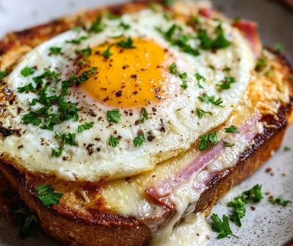 Delicious Gluten-Free Croque Madame with ham and cheese in a comforting dish