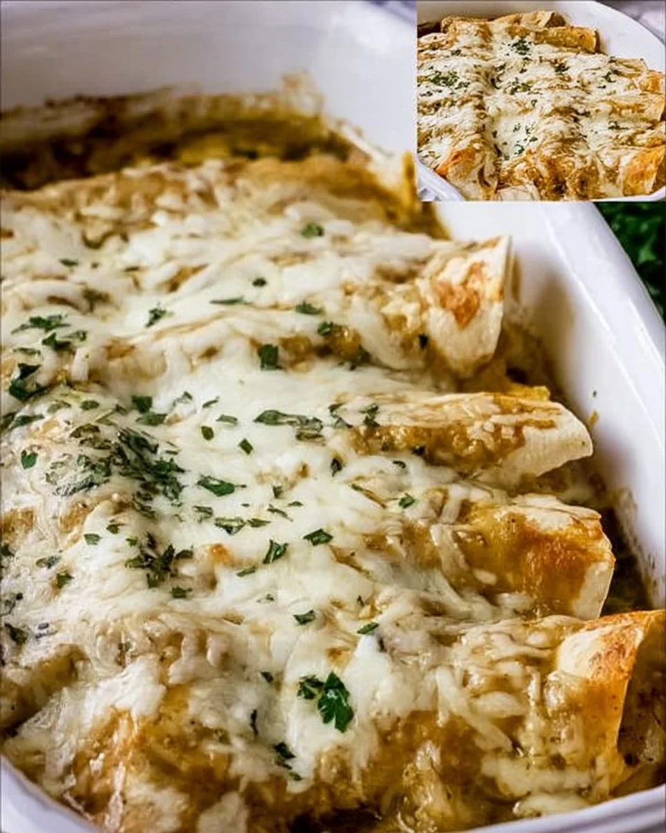 Delicious green chile chicken enchiladas topped with cheese and fresh cilantro.
