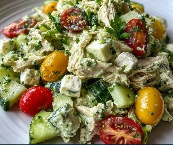 Green Goddess Chicken Salad with fresh herbs and ingredients