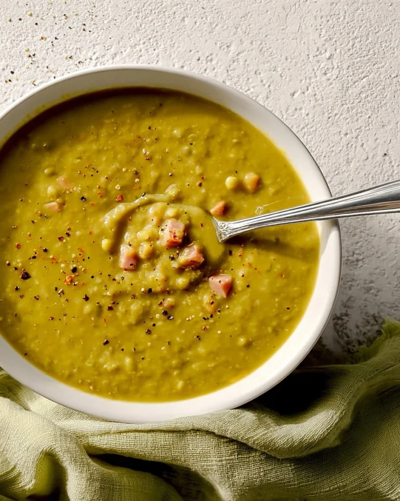 Bowl of Ham and Split Pea Soup garnished with fresh herbs