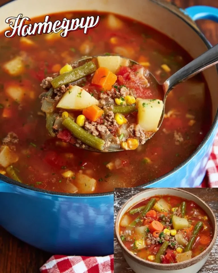 Bowl of hearty Hamburger Soup with vegetables and ground beef