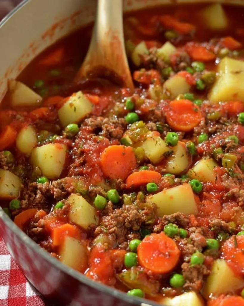 Delicious and hearty hamburger stew served in a bowl