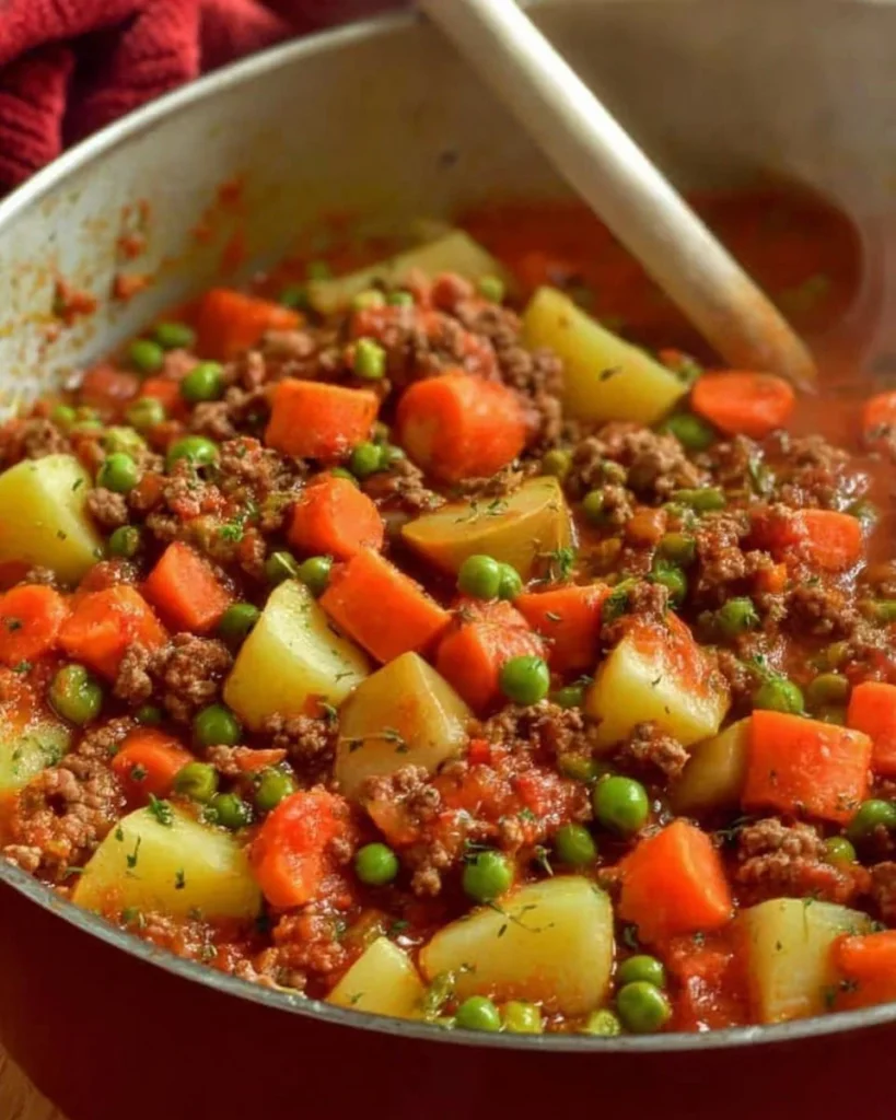 Delicious hamburger stew in a bowl, featuring ground beef and vegetables.