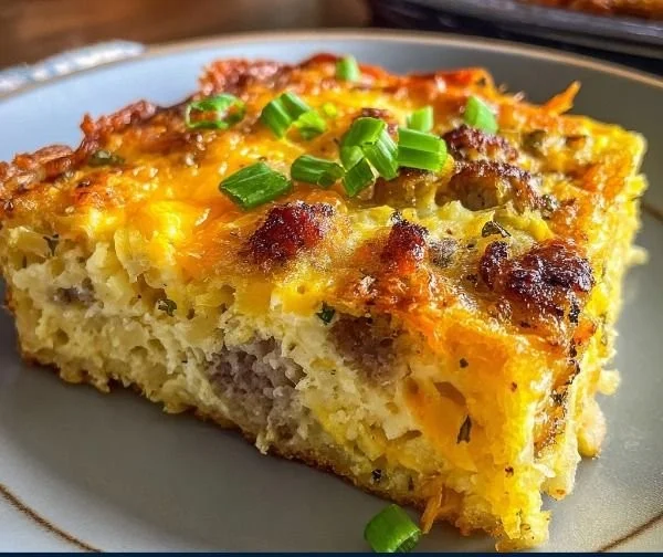 Delicious Hash Brown Egg Casserole topped with cheese and herbs