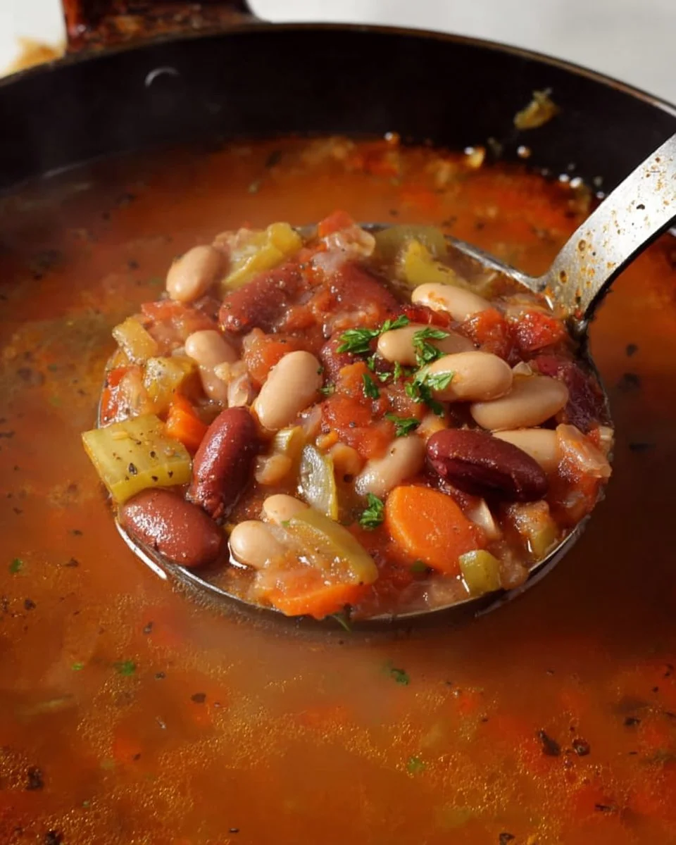 Delicious and hearty 15 bean soup served in a bowl with fresh herbs on top