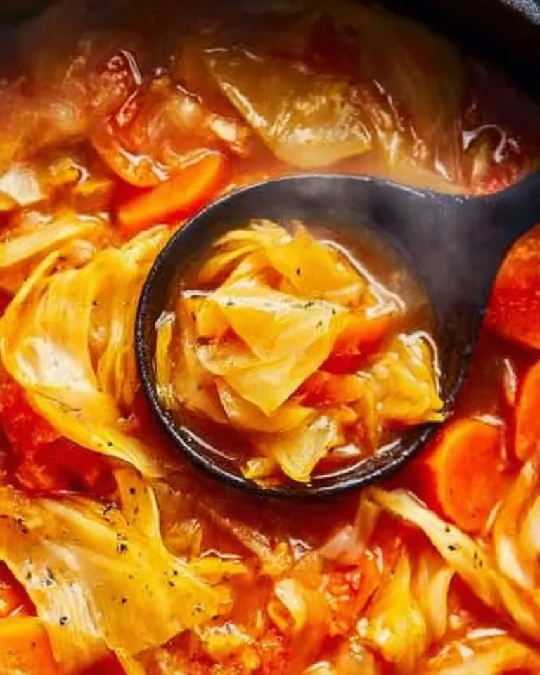 Bowl of hearty cabbage soup filled with fresh vegetables and herbs