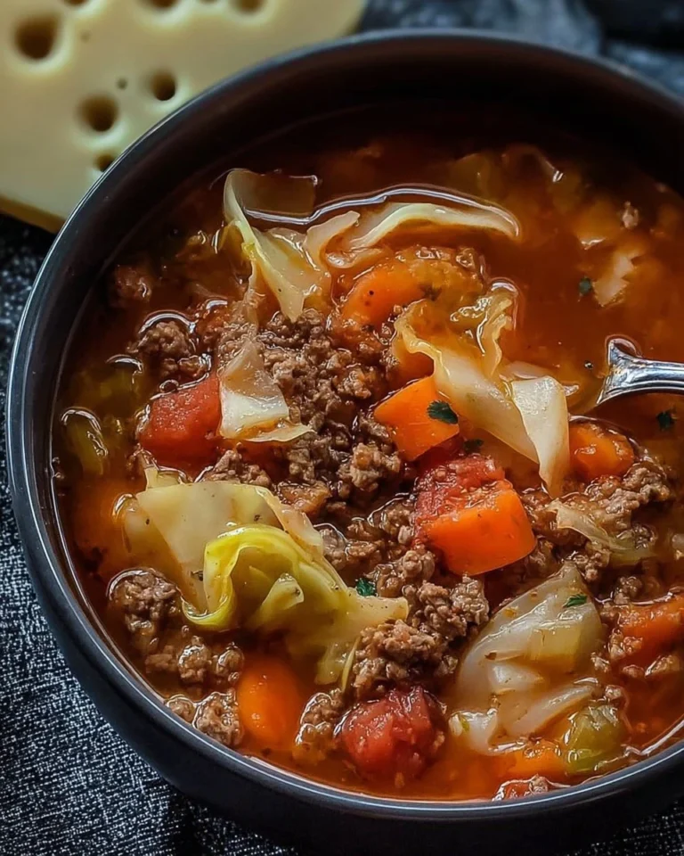 Hearty cabbage soup with ground beef served in a bowl