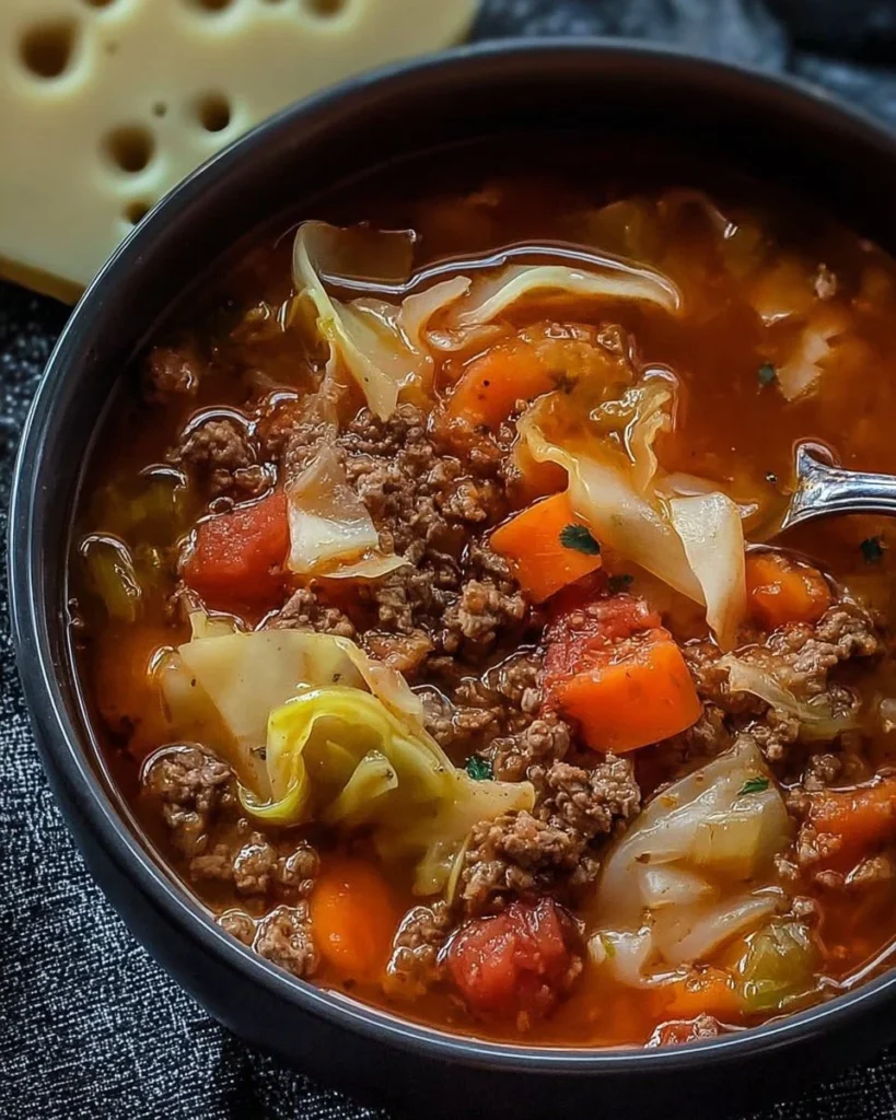 Hearty cabbage soup with ground beef served in a bowl