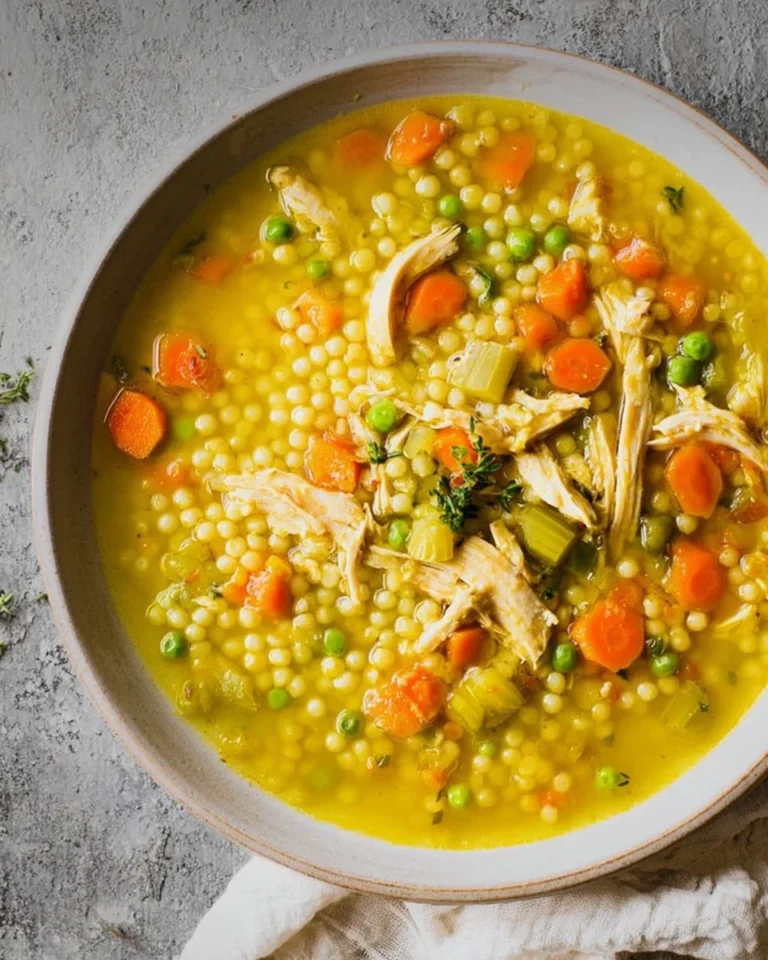 Bowl of hearty chicken soup with vegetables and herbs
