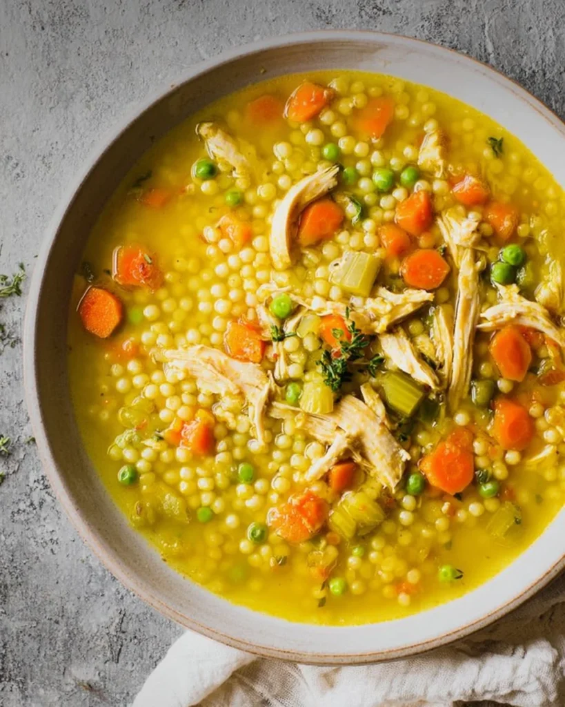 Bowl of hearty chicken soup with vegetables and herbs