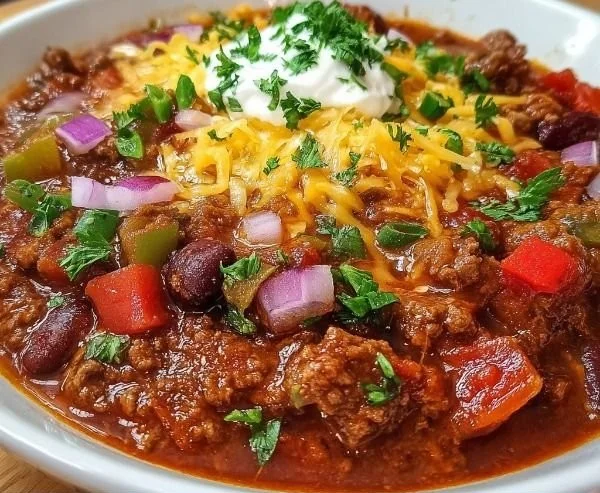 Bowl of hearty slow-cooked spicy chili garnished with fresh herbs