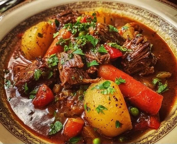 Bowl of hearty slow-simmered savory beef stew with vegetables and herbs