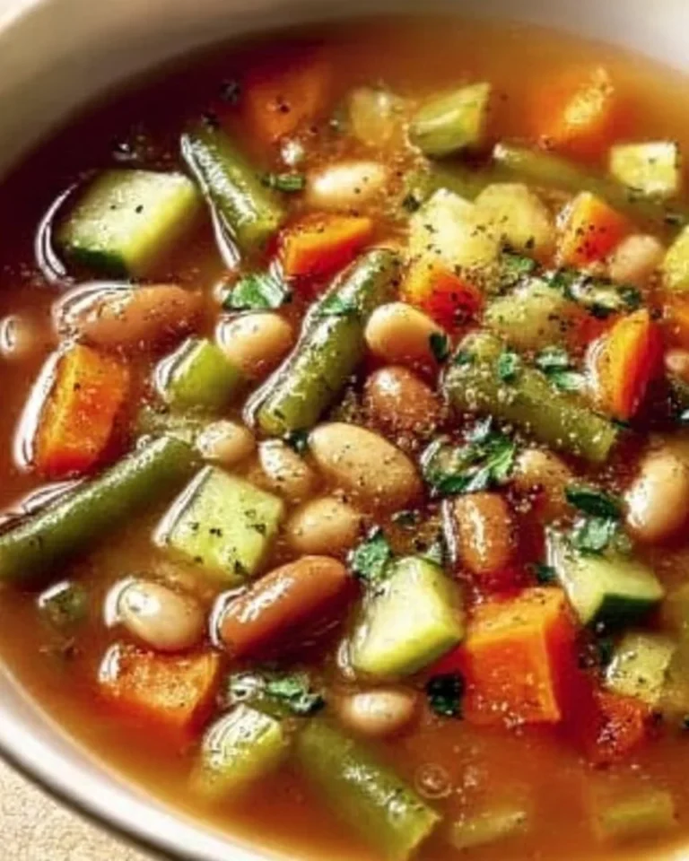 A bowl of hearty vegetable soup garnished with fresh herbs and spices.