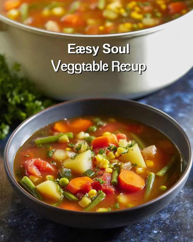 Bowl of hearty vegetable soup filled with fresh vegetables and herbs.