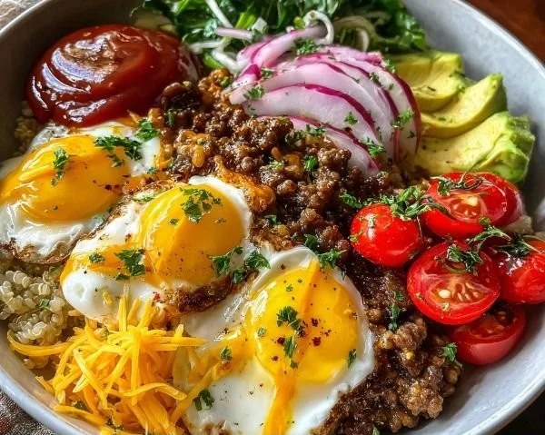 High-protein cheeseburger bowls with fresh ingredients and toppings.