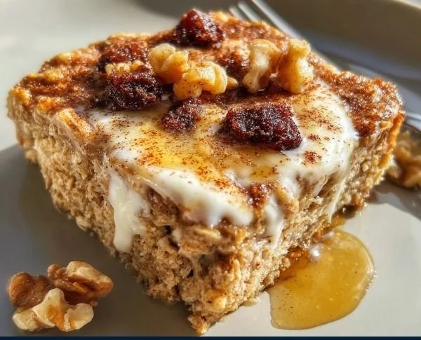 High-protein cinnamon roll baked oatmeal topped with cinnamon icing