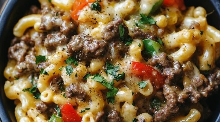 Creamy Philly cheesesteak mac and cheese topped with beef and peppers