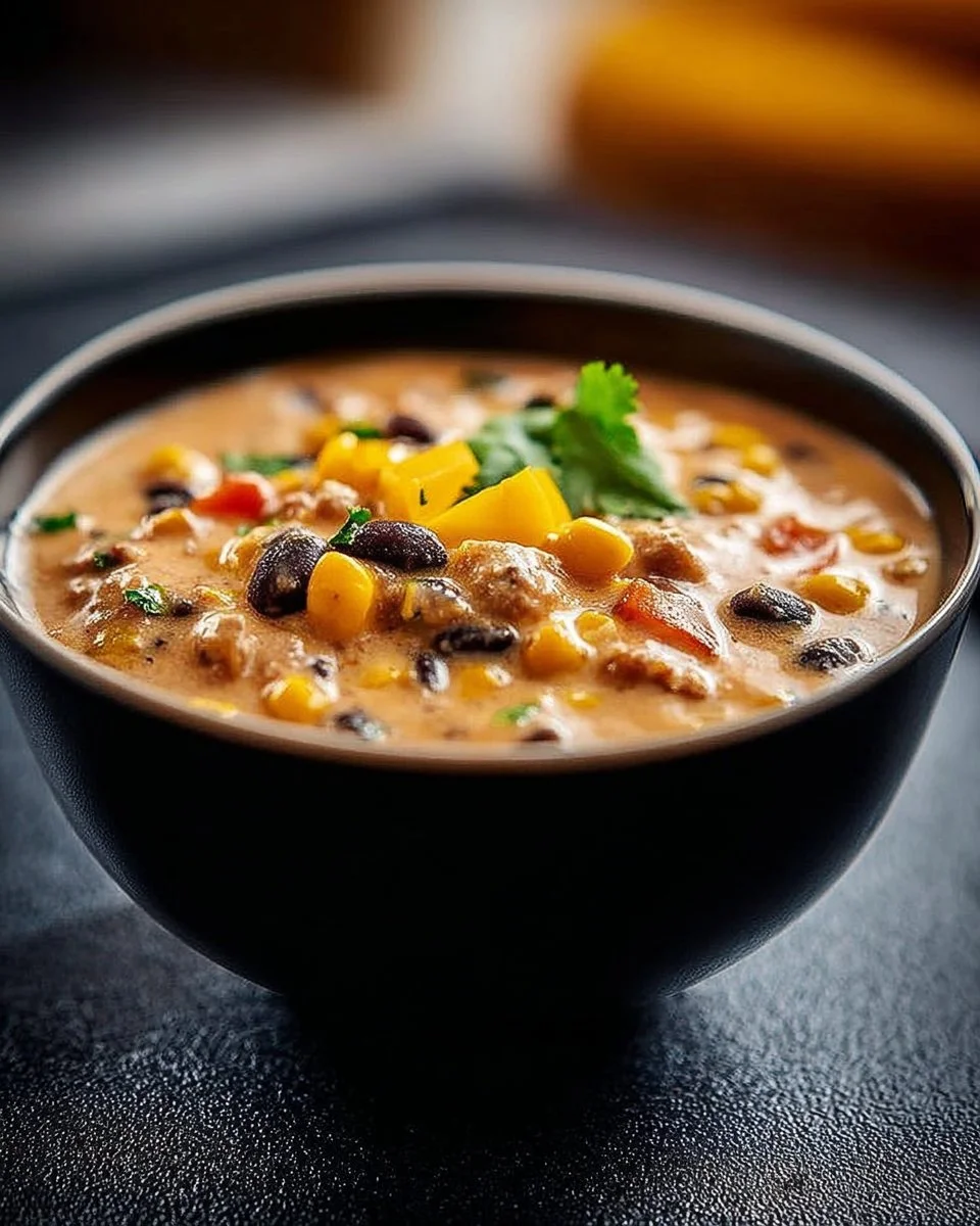 Bowl of high protein creamy taco soup with toppings and garnishes