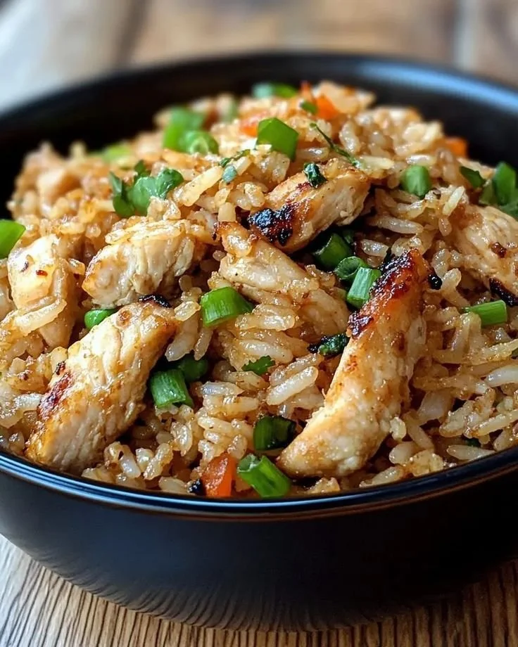 High protein crispy garlic chicken fried rice with vibrant vegetables and flavors