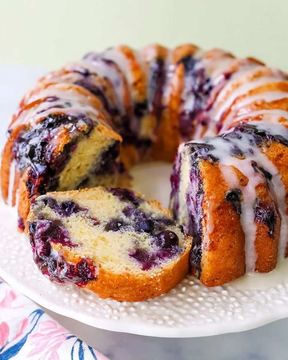 Delicious homemade blueberry cake with fresh blueberries on top