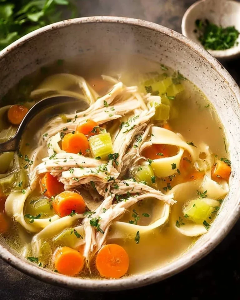 Delicious homemade chicken noodle soup in a bowl with fresh herbs