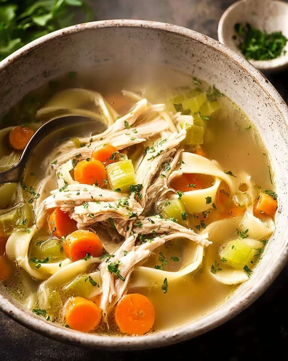 Delicious homemade chicken noodle soup in a bowl with fresh herbs