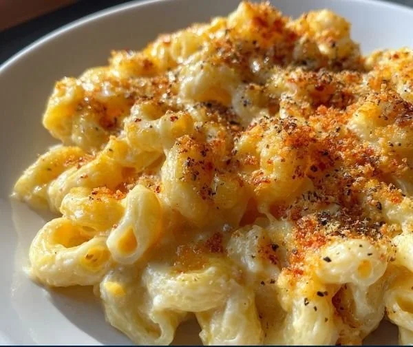 Creamy homemade mac and cheese served in a bowl with a golden crust