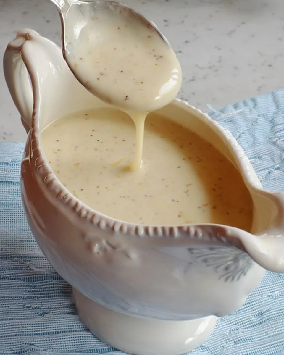 Homemade white country gravy served over biscuits in a bowl