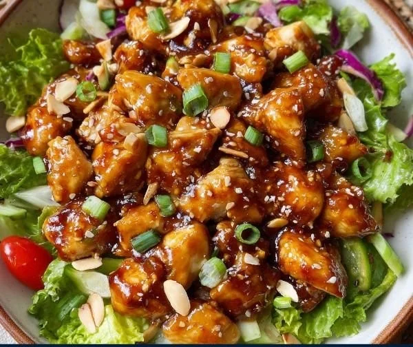 Honey Hot Chicken Salad with spicy chicken and honey dressing on a bed of greens