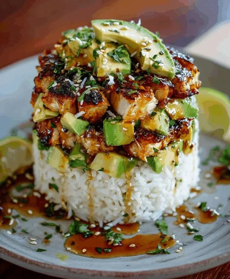 Honey Lime Chicken served with a fresh Avocado Rice Stack