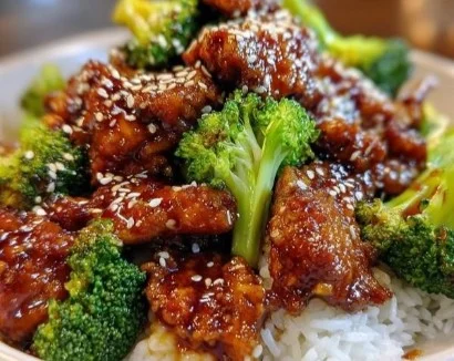 Honey Sesame Chicken with Broccoli served on a plate