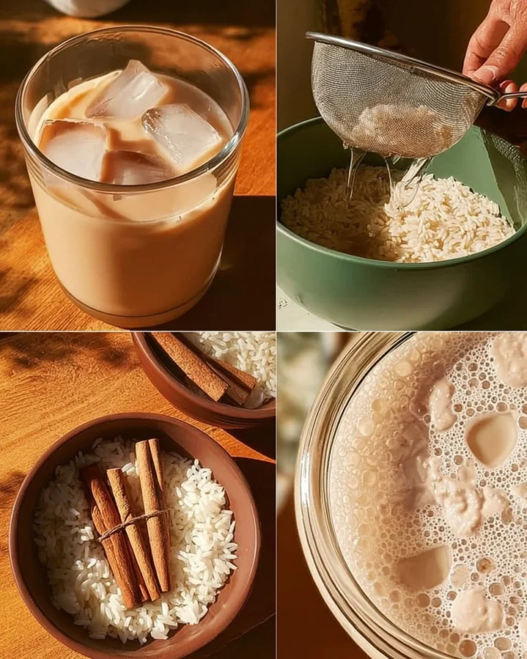 A glass of horchata water with cinnamon and rice, a refreshing beverage.