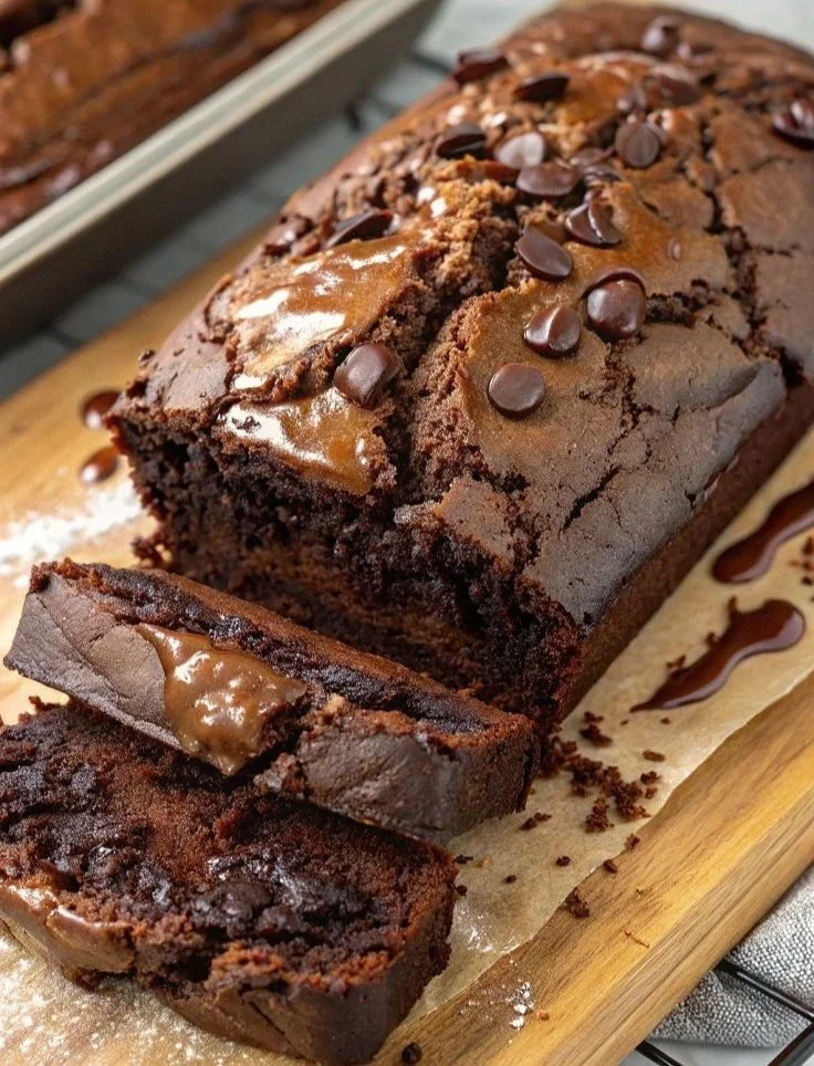 Slices of hot fudge brownie bread topped with chocolate drizzle