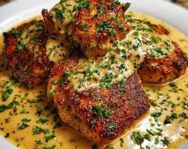 Irish Chicken cooked in rich whiskey cream sauce served on a plate